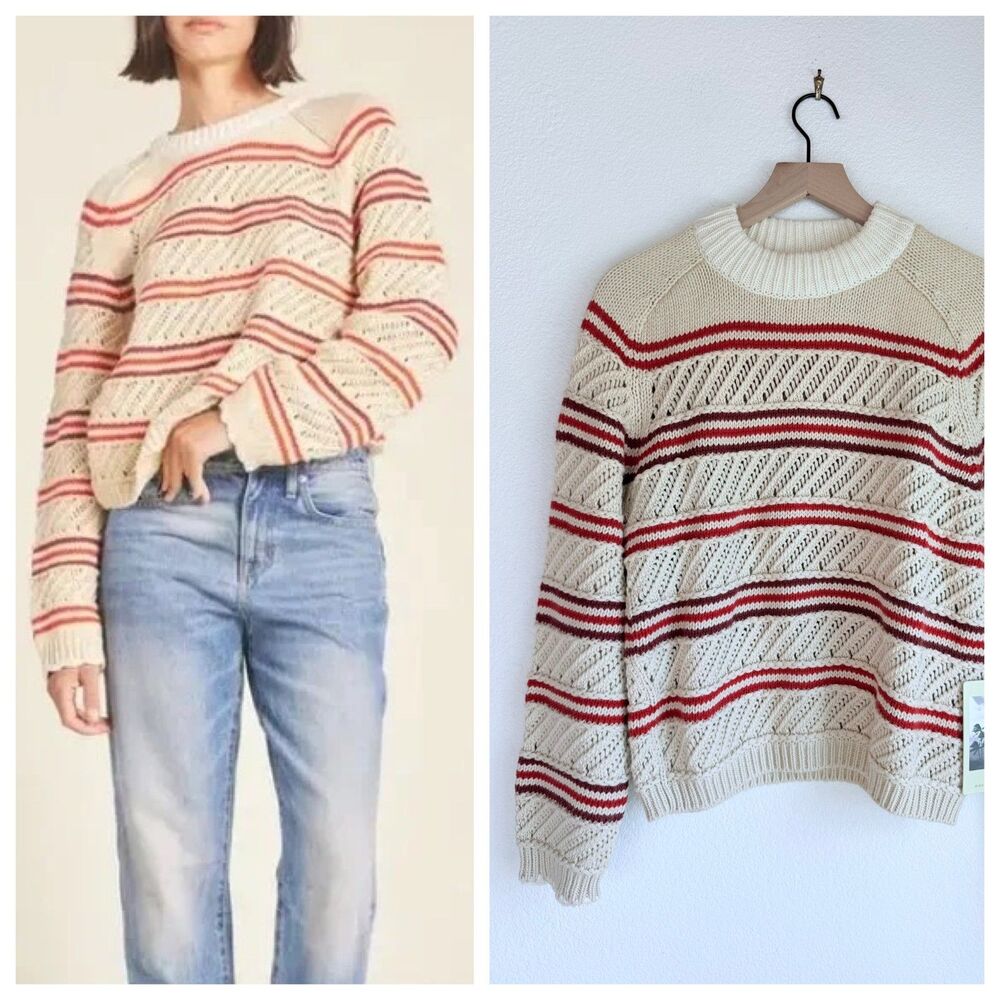 NEW Trovata Birds of Paradis Dorian Stripe Sweater in Ivory, Rust & Merlot Small